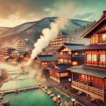 DALL·E 2025-02-20 00.45.02 - A scenic view of Kusatsu Onsen in Japan, featuring traditional Japanese ryokan buildings with wooden architecture, hot spring steam rising from the Yu