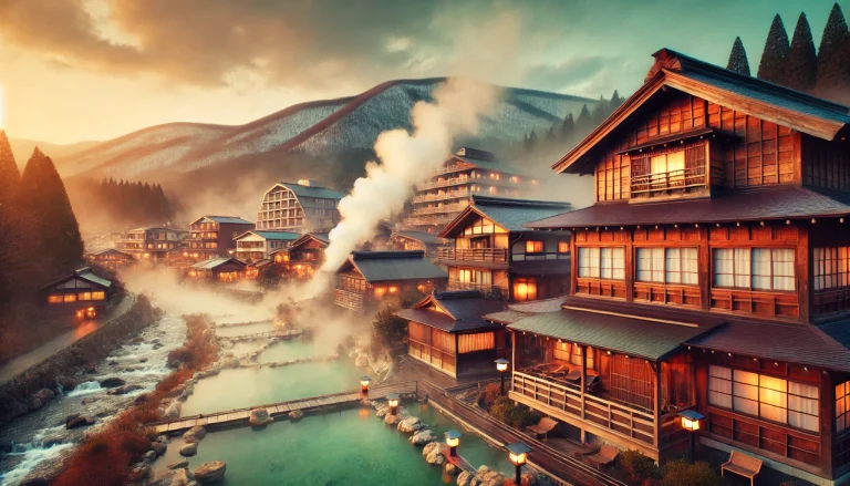 DALL·E 2025-02-20 00.45.02 - A scenic view of Kusatsu Onsen in Japan, featuring traditional Japanese ryokan buildings with wooden architecture, hot spring steam rising from the Yu