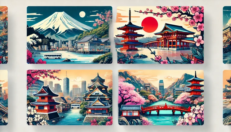 DALL·E 2025-02-22 15.35.15 - A visually appealing thumbnail for 'Today's Recommended Hot Spots in Japan' without any text, showcasing a collage-like design that includes scenic el
